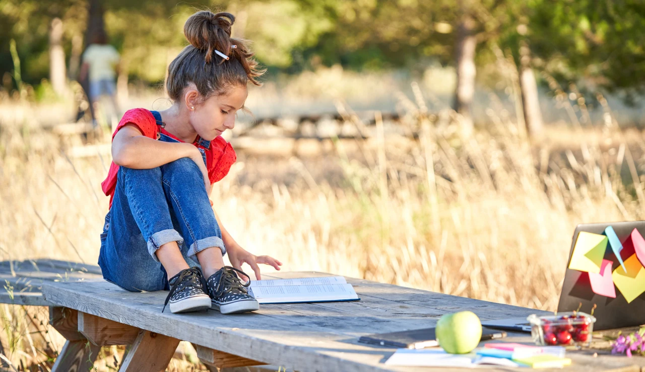 Niña leyendo en el campo